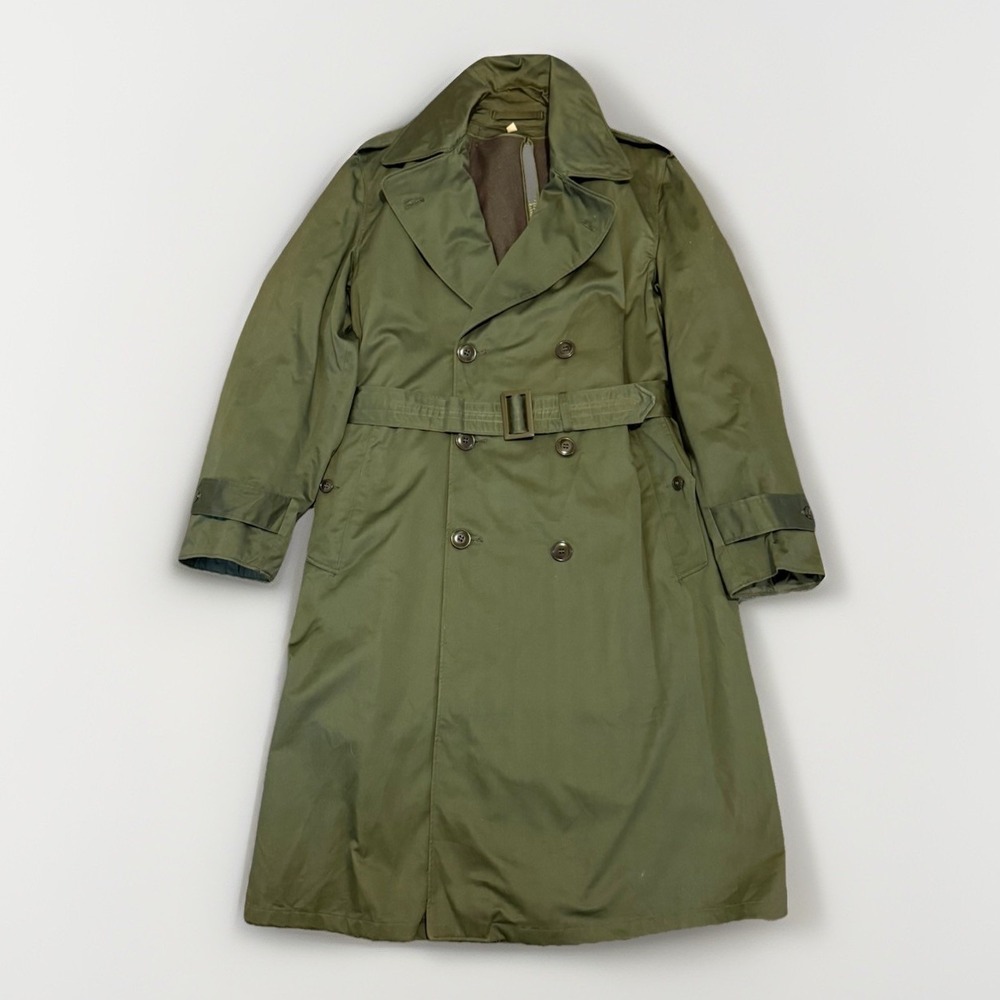 US Army Trench Coat Mens Medium Reg. Green 1950 Korean War Era Liner Belted VTG